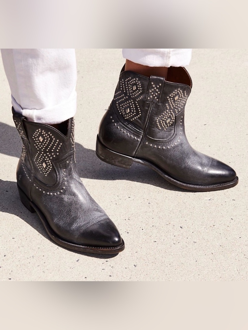 FRYE AND CO. Billy Stud Short Black Studded Leather Western Ankle Boots - Women